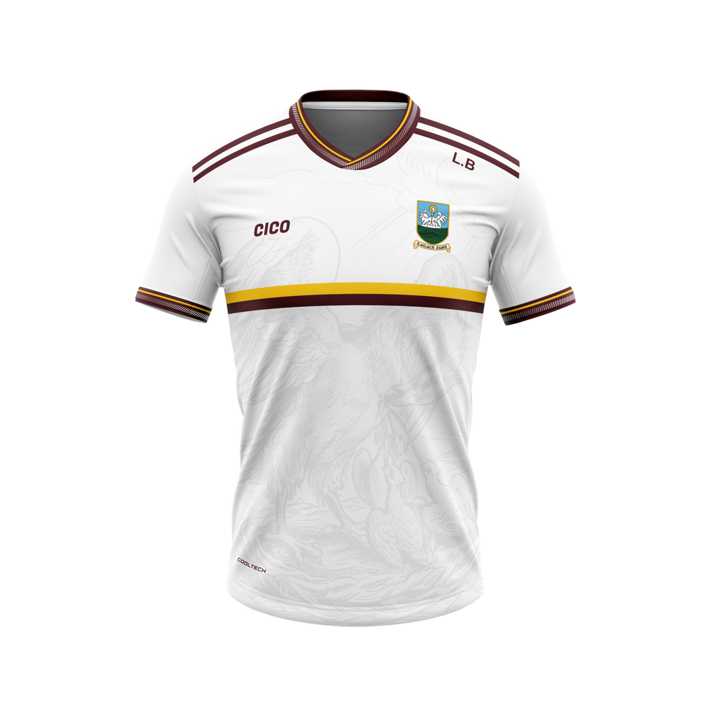 Annaduff GAA kid's white jersey with maroon and gold trim and club crest - front - Cico Sports