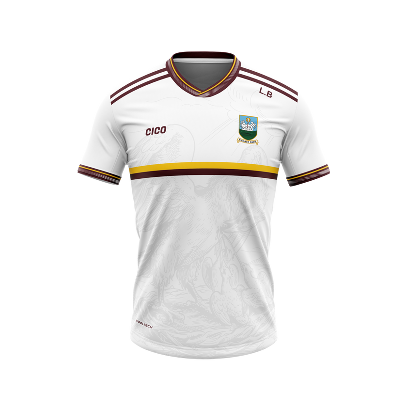 Annaduff GAA kid's white jersey with maroon and gold trim and club crest - front - Cico Sports