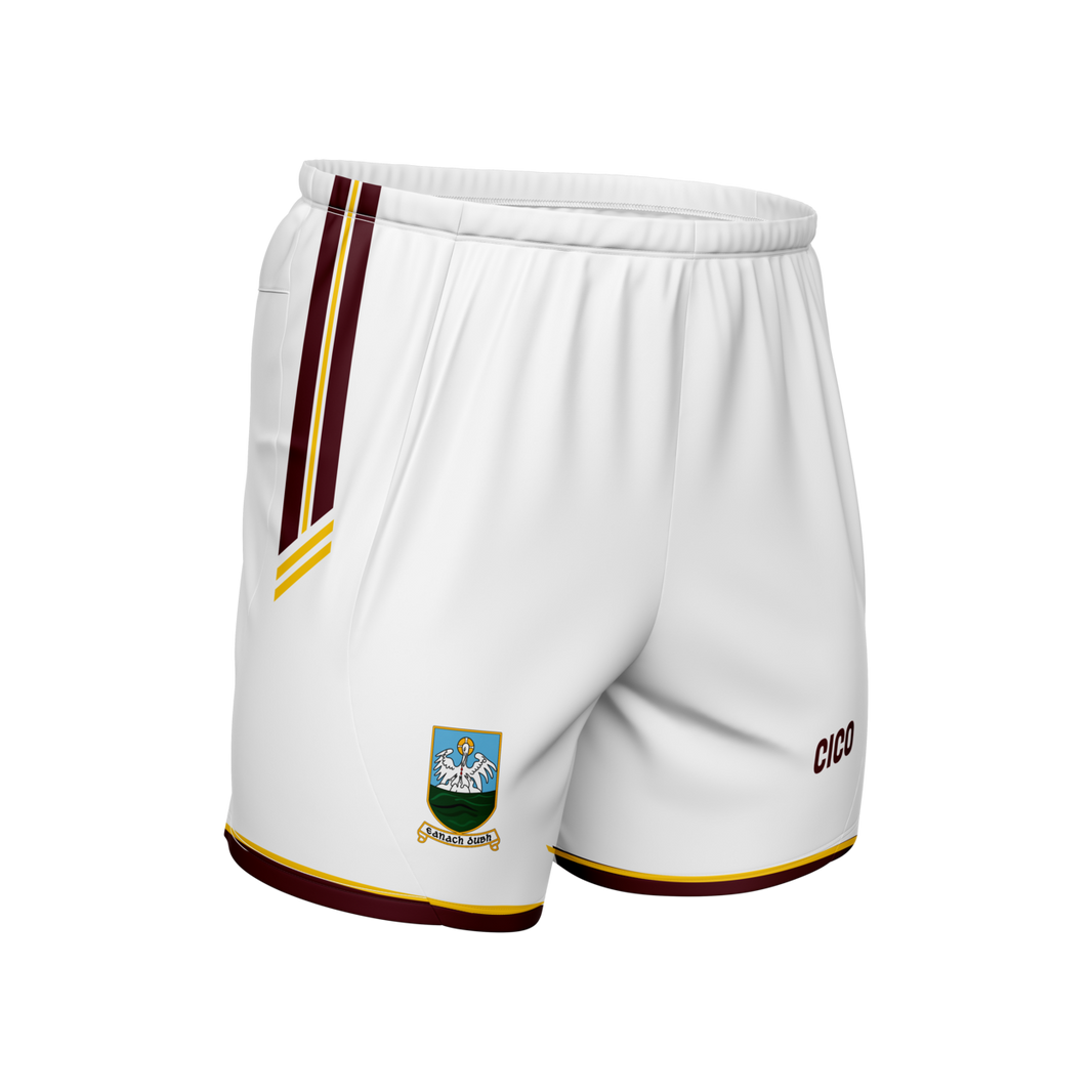 Annaduff GAA kid's white Gaelic shorts with maroon and gold stripes and club crest - Cico Sports